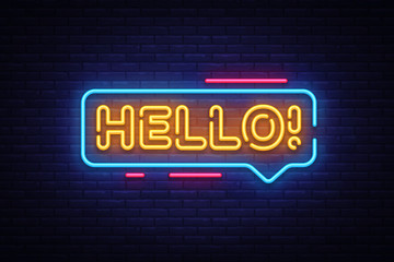 Hello Neon Text Vector. Hello neon sign, design template, modern trend design, night neon signboard, night bright advertising, light banner, light art. Vector illustration © Ivan