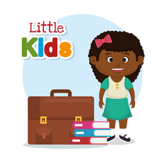 little afro schoolgirl with education supplies
