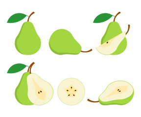 Pears. Cut green pear fruits. Collection of vector illustrations.