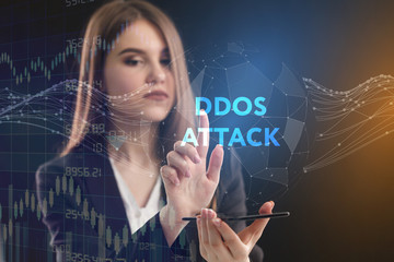 The concept of business, technology, the Internet and the network. A young entrepreneur working on a virtual screen of the future and sees the inscription: Ddos attack