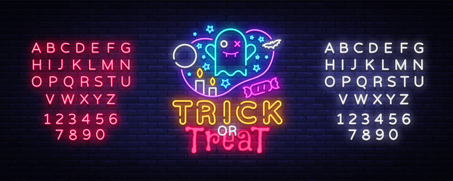 Halloween neon sign vector. Trick or treat Halloween Design template with ghost and web for banner, poster, greeting card, party invitation, light banner. Editing text neon sign