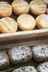 Close up of goat cheeses in crates