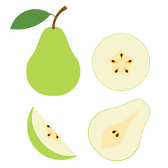 Green pear cartoon set. Cross section of cut pear and whole fruit, isolated vector illustration.