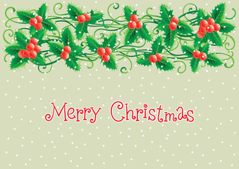 Merry Christmas greeting card. Vector christmas holly decoration  on  wood background with  lettering Merry Christmas