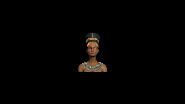 Nefertiti Queen of Egypt reconstruction CGI Egyptian Pharaoh headdress gold necklace inspired by plaster bust, decoration, Makeup, black background Moving from distance to close up looking face on