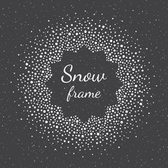 Round snow, snowflakes frame with empty center and spray, splash texture. New Year, Christmas template made of spots, dots, specks, flecks of various size. Circle shape winter abstract background.