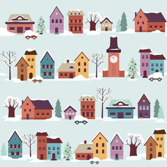 Snow-covered town in winter Christmas time with houses, decorated trees, snow drifts and cars, flat graphic. May be used as seamless pattern or single illustration. 