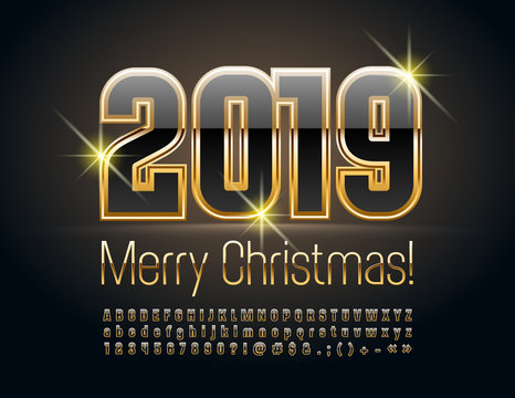 Vector luxury Greeting Card Merry Christmas 2019 with Unique Font. Exclusive Black and Golden Alphabet Letters, Numbers and Symbols