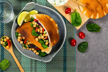 Veggie Pitas with Garbanzo Bean or Chickpea Salad. Selective focus.
