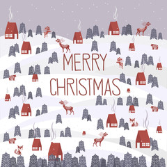 Cute Merry Christmas greeting card with winter landscape and elements in the Scandinavian style. Editable vector illustration