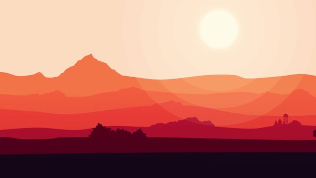 Colorful cartoon nature background. Animation of nice red sunset background with some clouds and mountains landscape. Sunset ambient Background seamless loop.