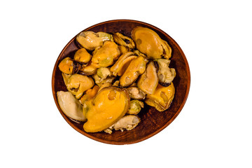 Ceramic plate with prepared mussels isolated on a white background