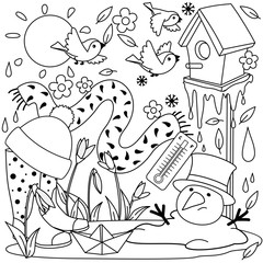 A black and white spring illustration objects, a birdhouse with birds, a snowman melted, an icicle melts, a puddle, rubber boots, a paper boat, a boat, a thermometer, a hat, a scarf and snowdrops.