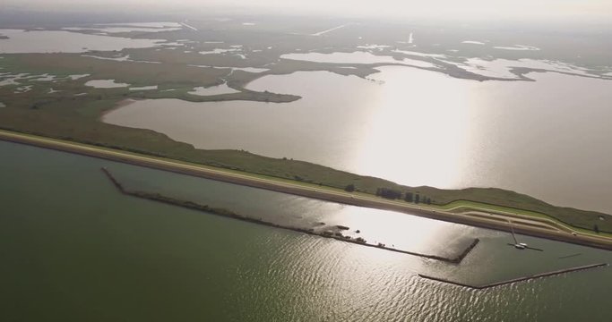 View-over aerial of the Dutch nature park Oostvaardersplassen next to the Markermeer and Dutch Dikes, the Netherlands