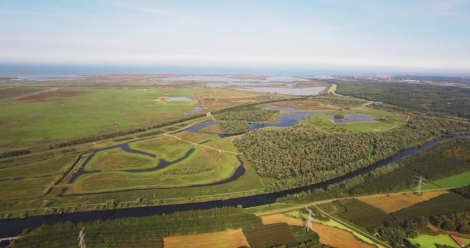 View-over aerial of the Dutch nature park Oostvaardersplassen next to the Markermeer and Dutch Dikes, the Netherlands
