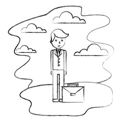 businessman cartoon character with business briefcase in landscape