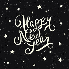Vector handwritten lettering Happy New Year. Together with the stars in the night sky.