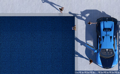 Overhead view 3d illustration of four women wearing bikinis admiring a sports car next to a pool.
