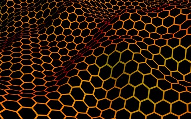 Honeycomb wave effect on a red yellow background. Perspective view on polygon look like honeycomb. Isometric geometry. 3D illustration