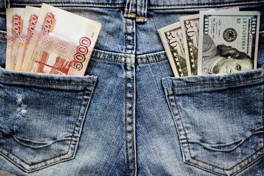 Russian money is in your jeans pocket, 5000 rubles and dollars