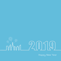 2019 Happy New Year with modern city outline on blue Background creative greeting card design, Vector illustration
