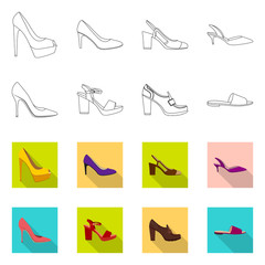 Vector illustration of footwear and woman logo. Collection of footwear and foot stock symbol for web.