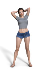 3d illustration of a woman wearing a gray short sleeve crop top and cut off blue jean shorts standing on a white background.