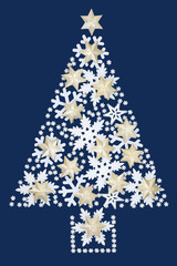 Snowflake and star abstract Christmas tree on blue background. Festive greeting card for the holiday season.