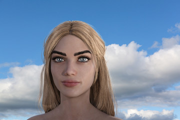 Fototapeta premium Illustration of a blonde woman with clouds and blue sky in the background.
