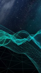 Abstract landscape on a dark background. Cyberspace grid. Hi-tech network. Outer space. Starry outer space texture. 3D illustration