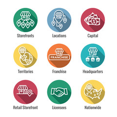 Franchise Icon Set with Home Office, corporate Headquarters and Franchisee Icon Images