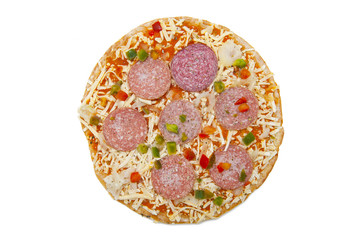 Frozen pizza with salami isolated on white background