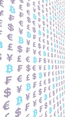 Bitcoin and currency on a white background. Digital Cryptocurrency symbol. Business concept. Market Display. 3D illustration