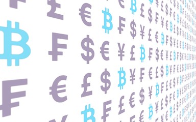 Bitcoin and currency on a white background. Digital Cryptocurrency symbol. Business concept. Market Display. 3D illustration