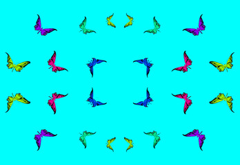 Multicolored stylized butterflies silhouettes on turquoise background with empty space inside.