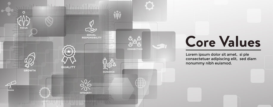 Core Values Web Header Banner image with Integrity, Mission, etc Icon Set