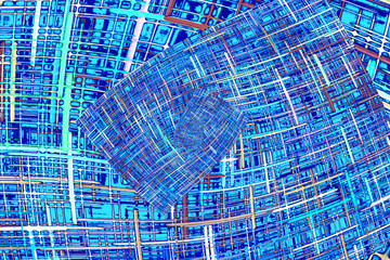 Abstract blue checkered fractals pattern. Comic background.