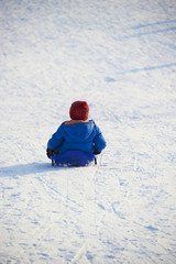 Fototapeta na wymiar Child boy riding a bobsled. Having fun on the snow. Children winter activities.