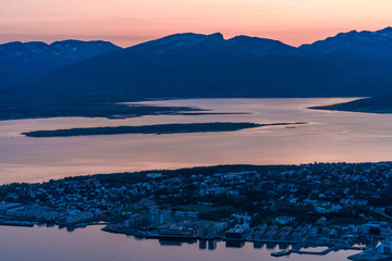 Beautiful sunset over Tromso in Norway - arial view.