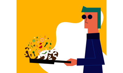 Cool hipster man cooking. Man with Pan. Isolated vector illustration of a man tossing veggies. 