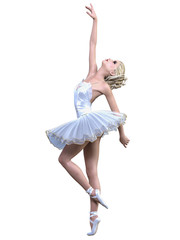 Dancing ballerina 3D. White ballet tutu. Blonde girl with blue eyes. Ballet dancer. Studio photography. High key. Conceptual fashion art. Render realistic illustration. White background. © vladnikon