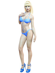 3D beautiful blonde woman blue swimsuit bikini. Summer rest. Conceptual fashion art. Seductive candid pose. Realistic render illustration. Isolate