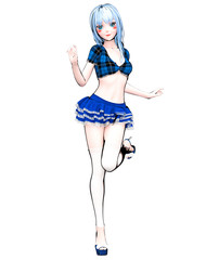 3D sexy anime doll japanese anime schoolgirl big blue eyes bright makeup.Short blue jeans skirt blouse.Cartoon, comics, sketch, drawing, manga illustration.Conceptual fashion art.Seductive candid pose