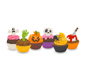 Halloween background with six funny cupcakes isolated on white background. Blank space in the top side, perfect for add your own text. Vector illustration.
