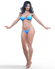 Naklejka premium 3D beautiful brunette woman blue swimsuit bikini. Summer rest. Conceptual fashion art. Seductive candid pose. Realistic render illustration. Isolate