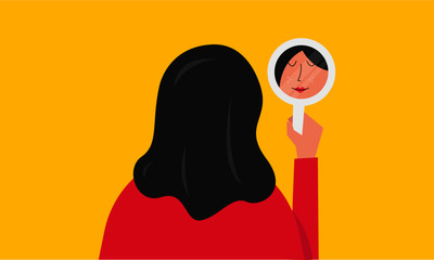 Vector illustration of a beautiful woman staring at her reflection in a mirror. Mirror shows woman's lovely face. Self Love/Confidence Concept