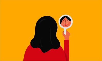 Vector illustration of a beautiful woman staring at her sad reflection in a mirror. Mirror shows woman's sad face