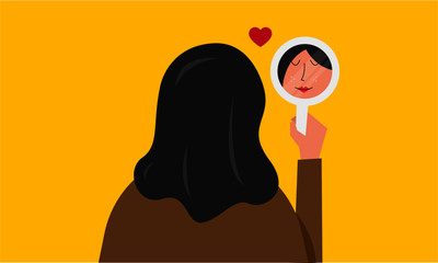Vector illustration of a beautiful woman staring at her reflection in a mirror. Mirror shows woman's lovely face. Self Love/Confidence Concept