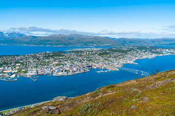 Fototapeta na wymiar Aerial view of Tromso and Tromsoysundet strait in Norway
