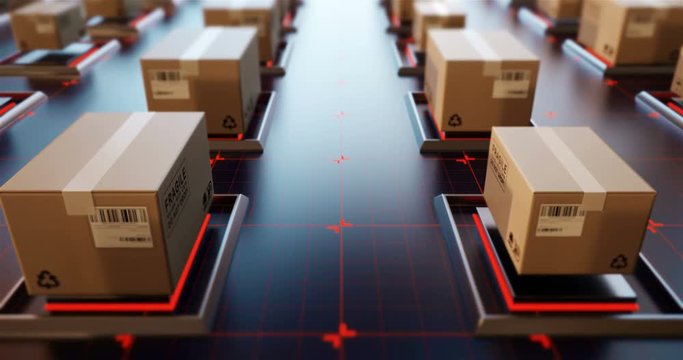 Packages are transported in high-tech Settings,online shopping,Concept of automatic logistics management.zoom in,3d rendering. 4K, Ultra HD resolution 
